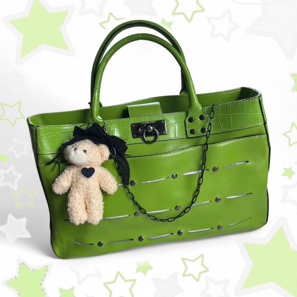 Anne Klein Green Shoulder Bag studded crocodile print locket clasp Teddy Charm